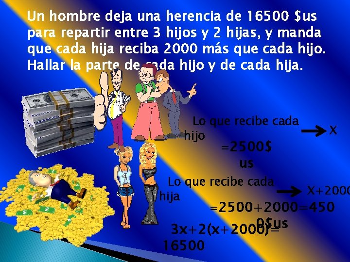 Un hombre deja una herencia de 16500 $us para repartir entre 3 hijos y