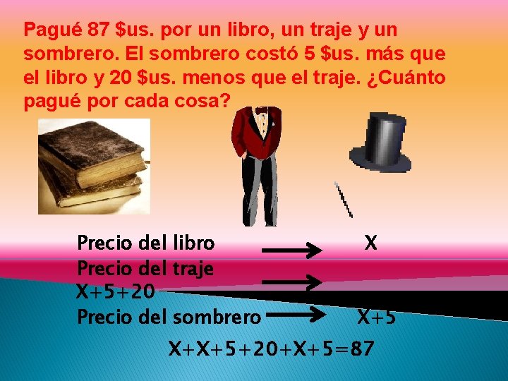 Pagué 87 $us. por un libro, un traje y un sombrero. El sombrero costó