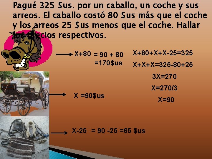 Pagué 325 $us. por un caballo, un coche y sus arreos. El caballo costó