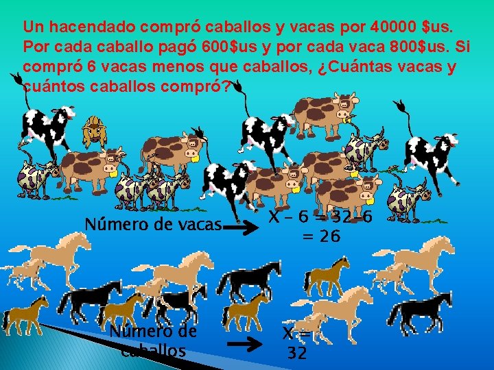 Un hacendado compró caballos y vacas por 40000 $us. Por cada caballo pagó 600$us