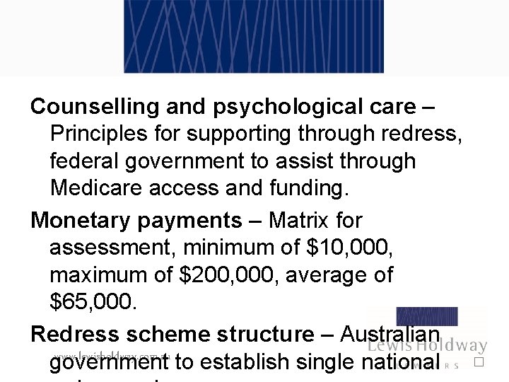 Counselling and psychological care – Principles for supporting through redress, federal government to assist