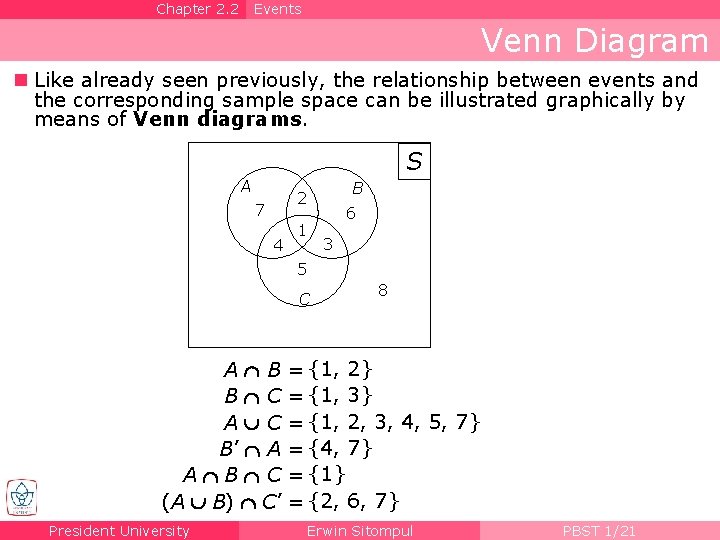 Chapter 2. 2 Events Venn Diagram n Like already seen previously, the relationship between
