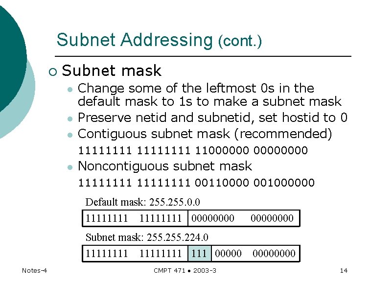 Subnet Addressing (cont. ) ¡ Subnet mask l l l Change some of the