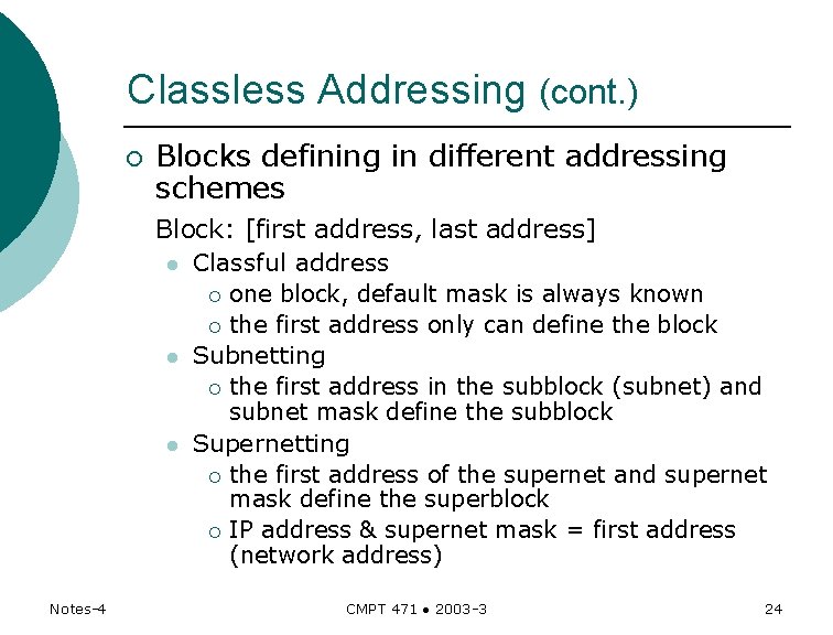 Classless Addressing (cont. ) ¡ Blocks defining in different addressing schemes Block: [first address,