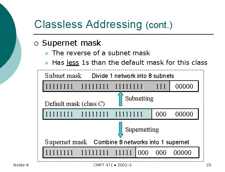 Classless Addressing (cont. ) ¡ Supernet mask l l The reverse of a subnet