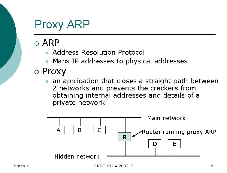 Proxy ARP ¡ ARP l l ¡ Address Resolution Protocol Maps IP addresses to