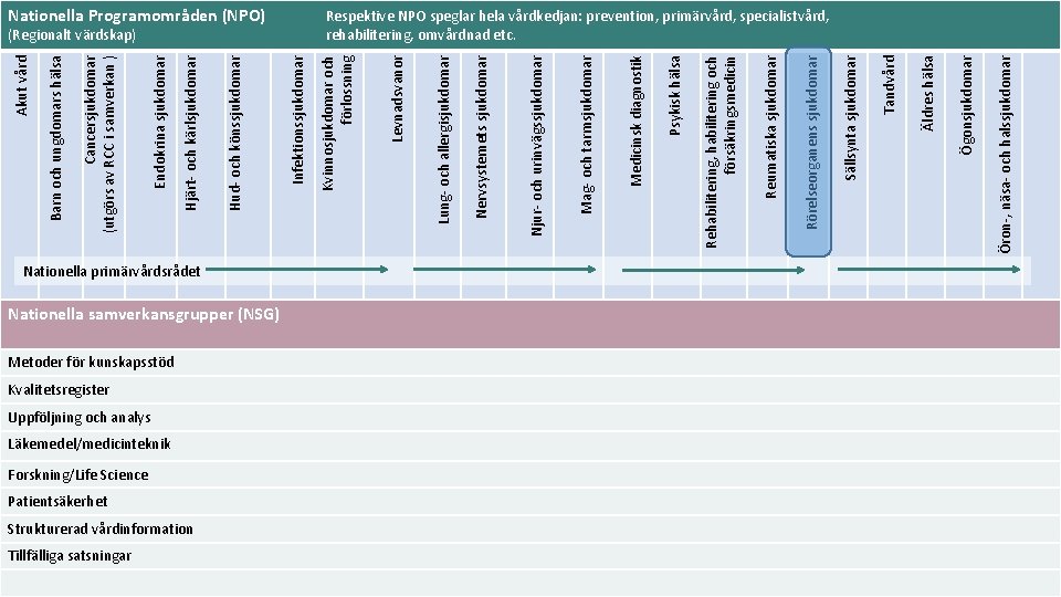 Nationella Programområden (NPO) Öron-, näsa- och halssjukdomar Ögonsjukdomar Äldres hälsa Tandvård Sällsynta sjukdomar Rörelseorganens