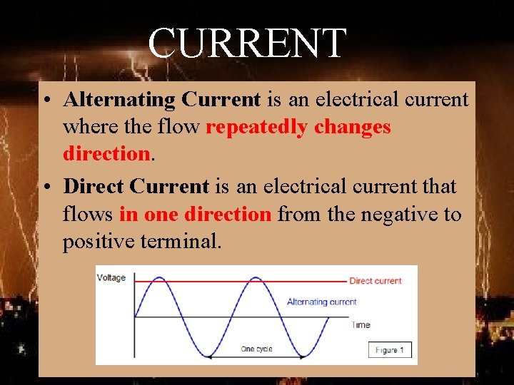 CURRENT • Alternating Current is an electrical current where the flow repeatedly changes direction.