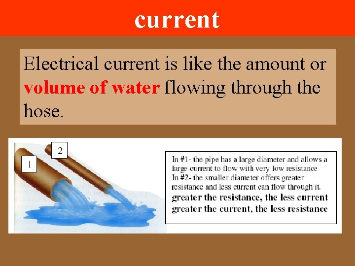 current Electrical current is like the amount or volume of water flowing through the