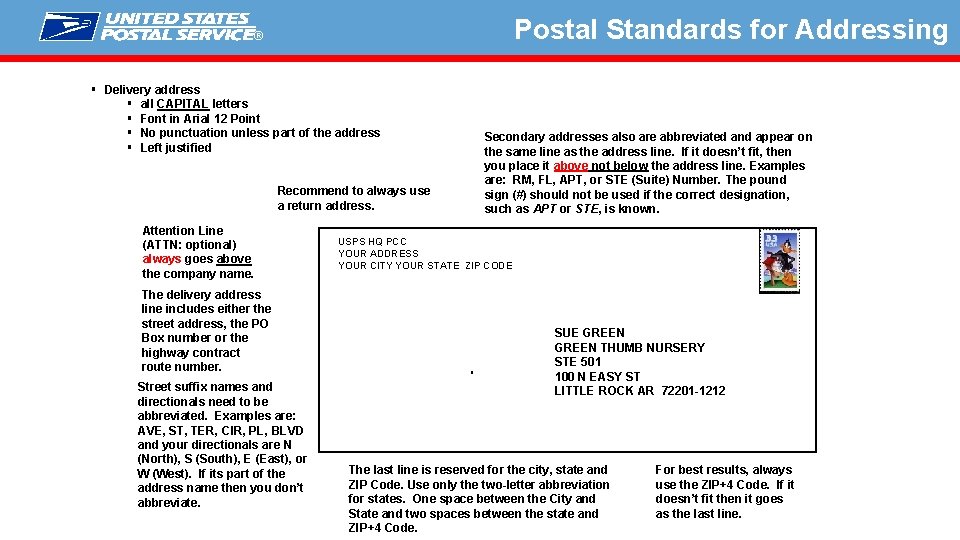 Postal Standards for Addressing ® § Delivery address § all CAPITAL letters § Font