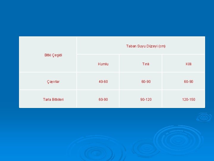 Taban Suyu Düzeyi (cm) Bitki Çeşidi Kumlu Tınlı Killi Çayırlar 40 -60 60 -90