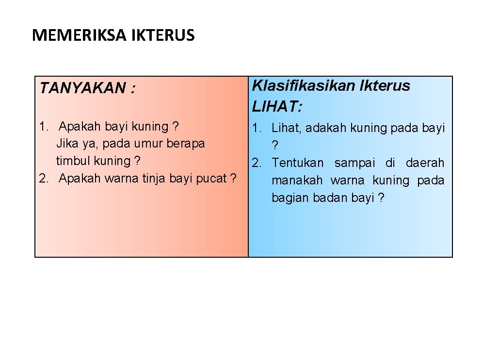MEMERIKSA IKTERUS TANYAKAN : Klasifikasikan Ikterus LIHAT: 1. Apakah bayi kuning ? Jika ya,