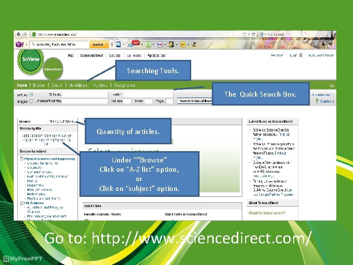 Searching Tools. The Quick Search Box. Quantity of articles. Under “”Browse” Click on “A-Z