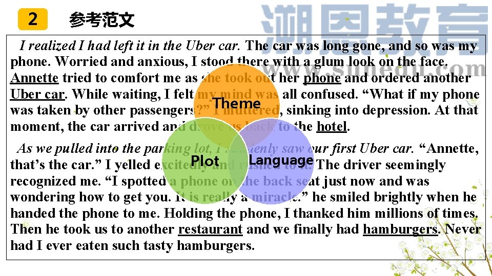 2 参考范文 I realized I had left it in the Uber car. The car