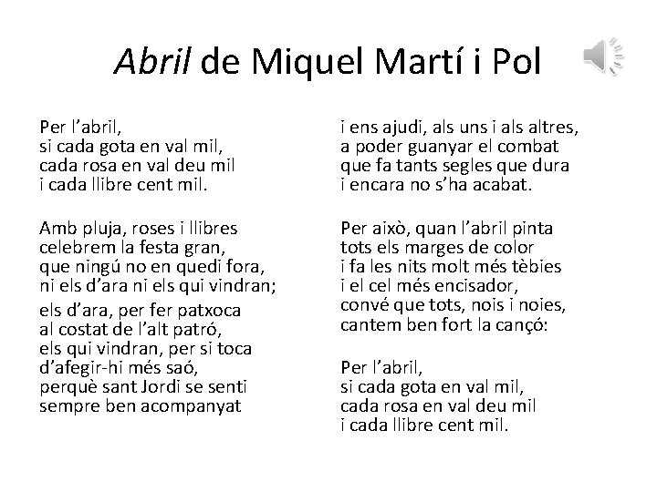 Abril de Miquel Martí i Pol Per l’abril, si cada gota en val mil,