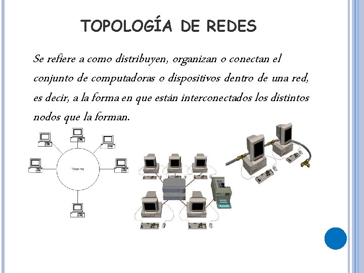 TOPOLOGÍA DE REDES Se refiere a como distribuyen, organizan o conectan el conjunto de