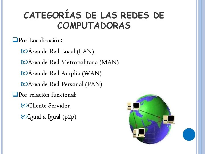 CATEGORÍAS DE LAS REDES DE COMPUTADORAS q Por Localización: Área de Red Local (LAN)