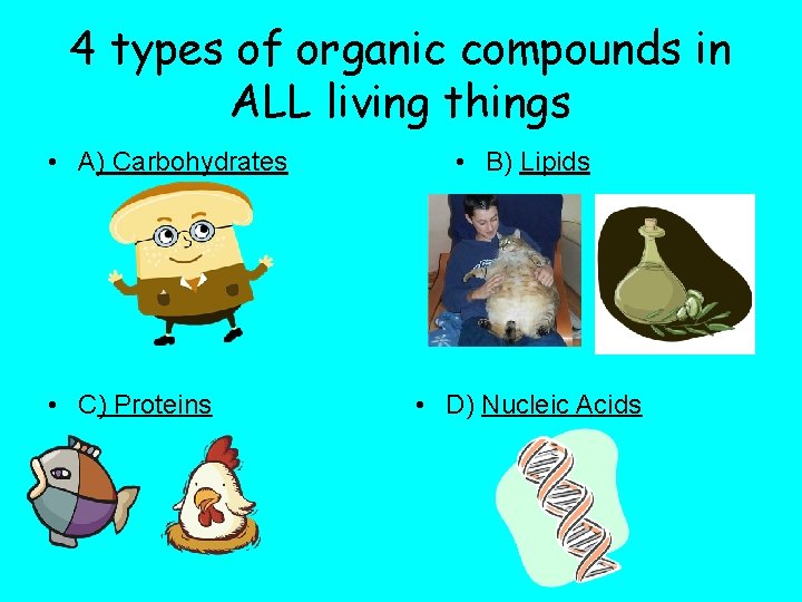 4 types of organic compounds in ALL living things • A) Carbohydrates • C)