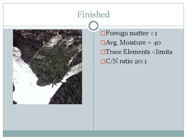 Finished �Foreign matter <1 �Avg. Moisture = 40 �Trace Elements <limits �C/N ratio 20: