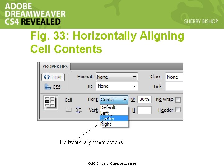 Fig. 33: Horizontally Aligning Cell Contents Horizontal alignment options © 2010 Delmar Cengage Learning Fig. 33: Horizontally Aligning Cell Contents Horizontal alignment options © 2010 Delmar Cengage Learning