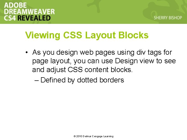 Viewing CSS Layout Blocks • As you design web pages using div tags for Viewing CSS Layout Blocks • As you design web pages using div tags for