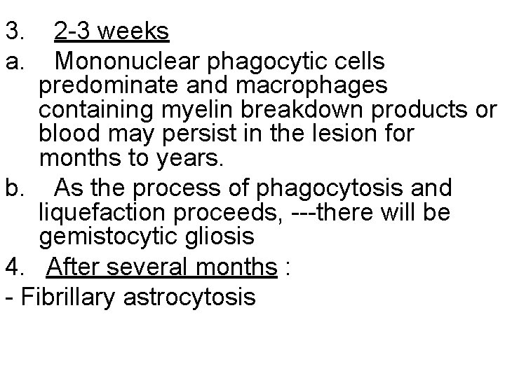 3. a. 2 -3 weeks Mononuclear phagocytic cells predominate and macrophages containing myelin breakdown