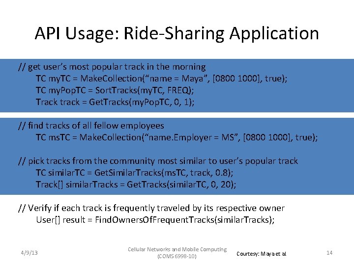 API Usage: Ride-Sharing Application // get user’s most popular track in the morning TC