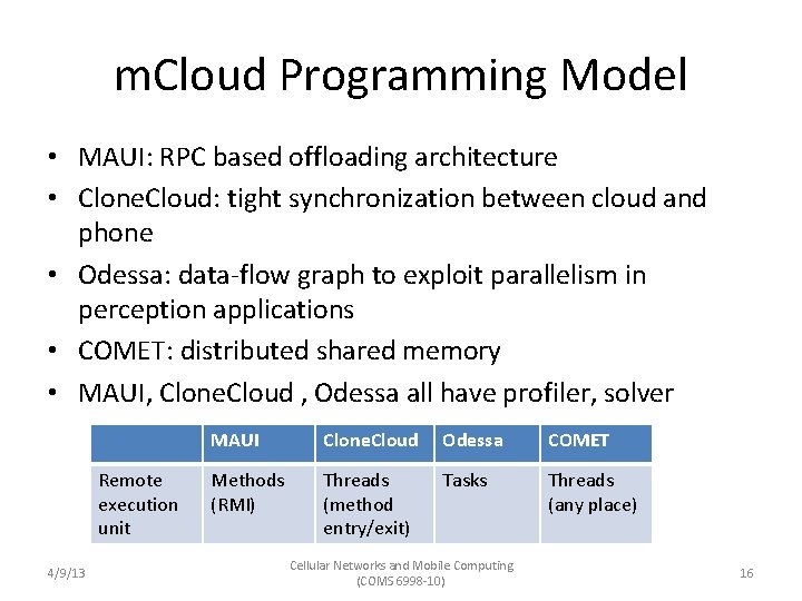 m. Cloud Programming Model • MAUI: RPC based offloading architecture • Clone. Cloud: tight