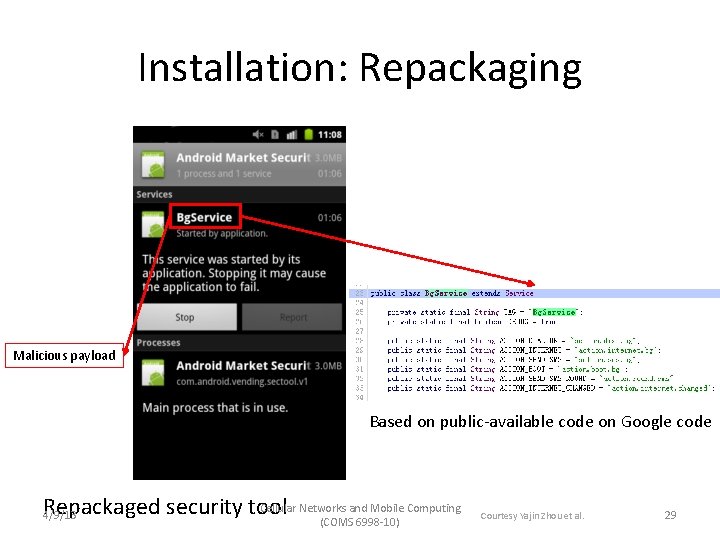 Installation: Repackaging Malicious payload Based on public-available code on Google code Cellular Networks and