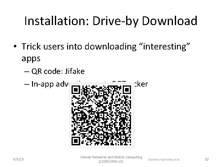 Installation: Drive-by Download • Trick users into downloading “interesting” apps – QR code: Jifake