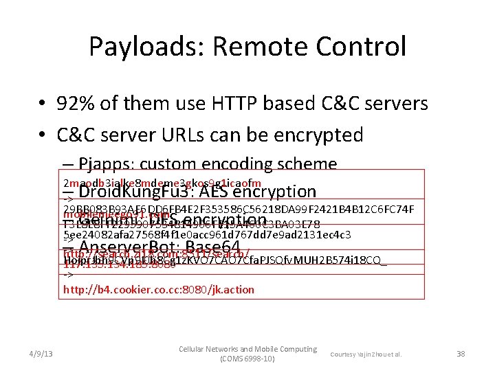 Payloads: Remote Control • 92% of them use HTTP based C&C servers • C&C