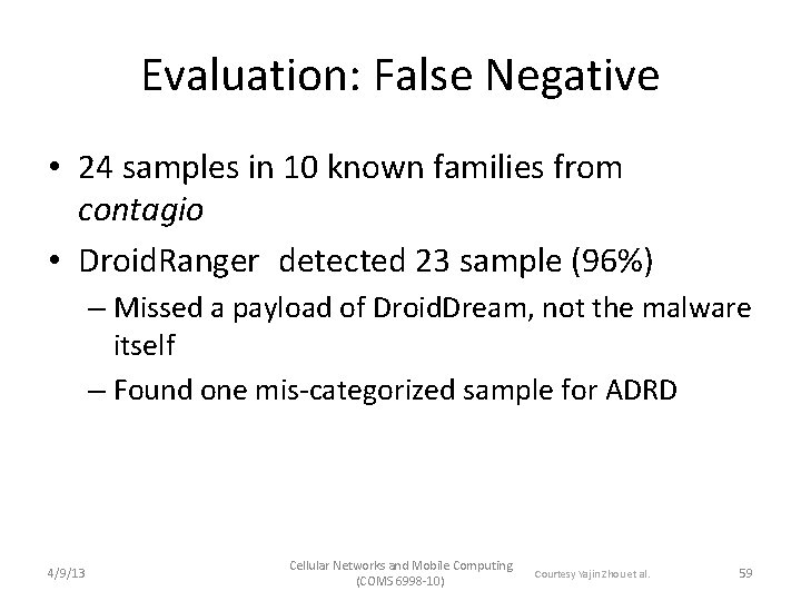 Evaluation: False Negative • 24 samples in 10 known families from contagio • Droid.