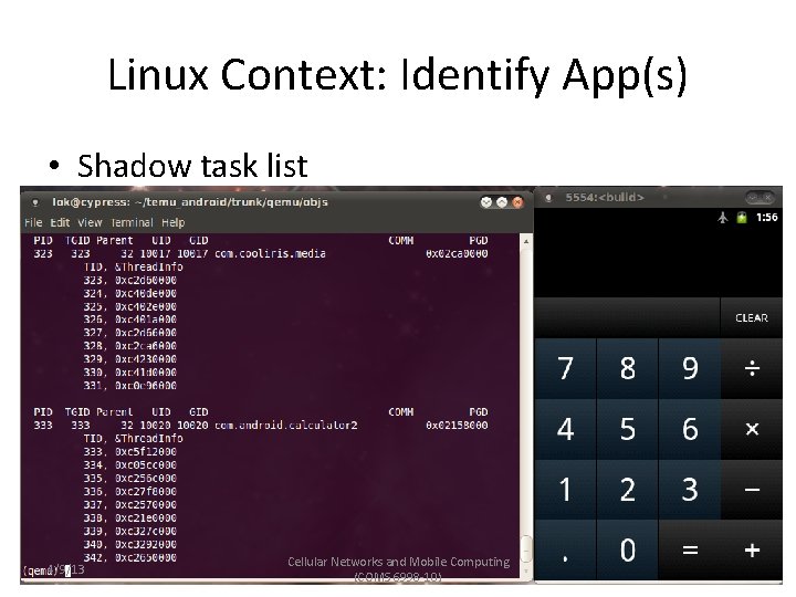 Linux Context: Identify App(s) • Shadow task list – pid, tid, uid, gid, euid,