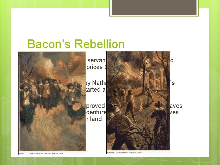 Bacon’s Rebellion Former indentured servants in western VA suffered from poor tobacco prices &