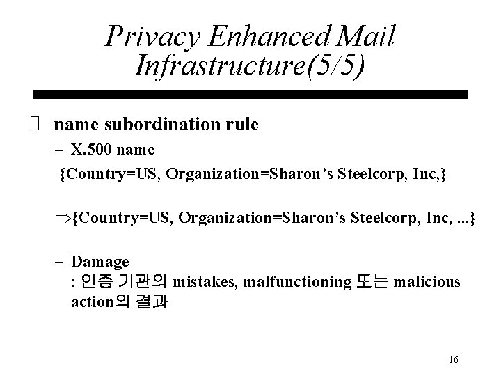 Privacy Enhanced Mail Infrastructure(5/5) name subordination rule – X. 500 name {Country=US, Organization=Sharon’s Steelcorp,