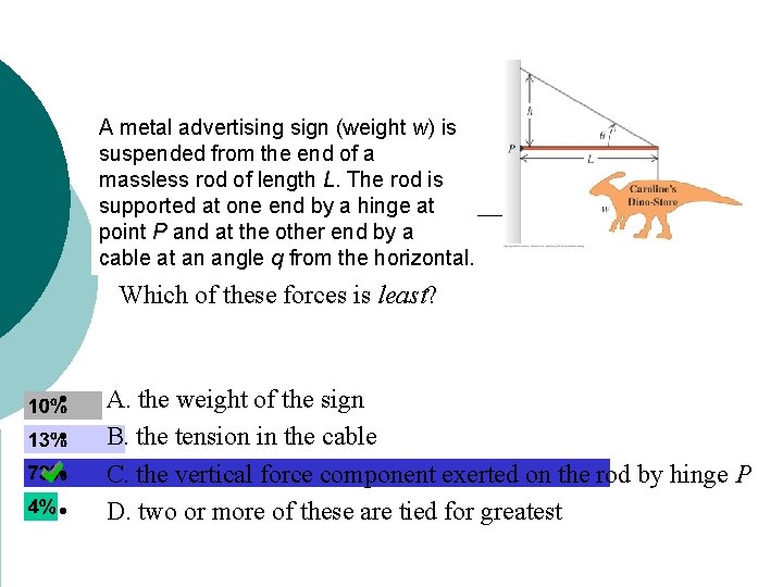 A metal advertising sign (weight w) is suspended from the end of a massless