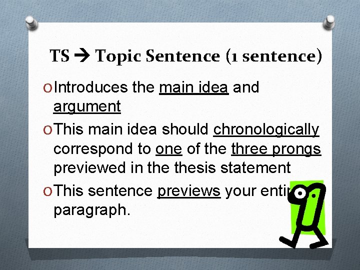 TS Topic Sentence (1 sentence) O Introduces the main idea and argument O This