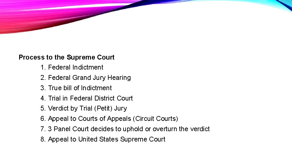 Process to the Supreme Court 1. Federal Indictment 2. Federal Grand Jury Hearing 3.