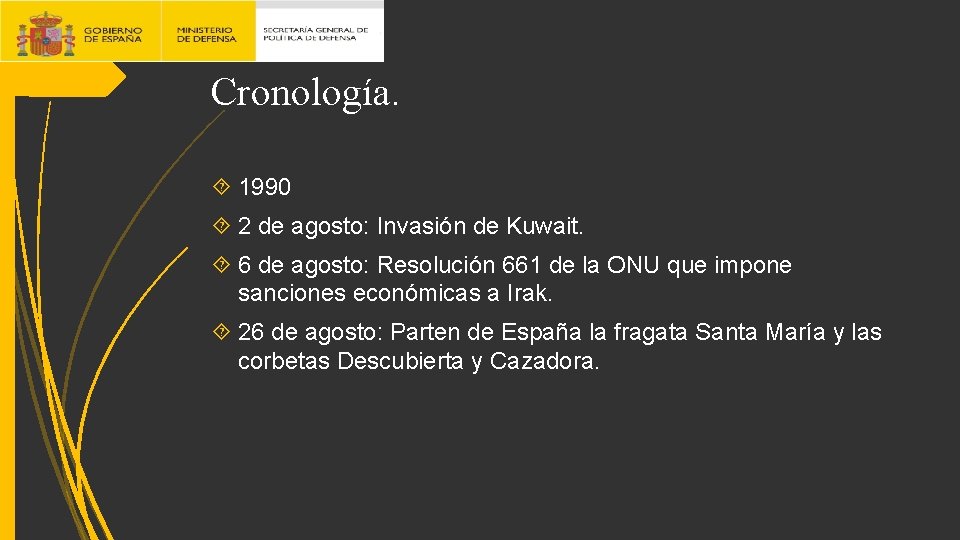 Cronología. 1990 2 de agosto: Invasión de Kuwait. 6 de agosto: Resolución 661 de