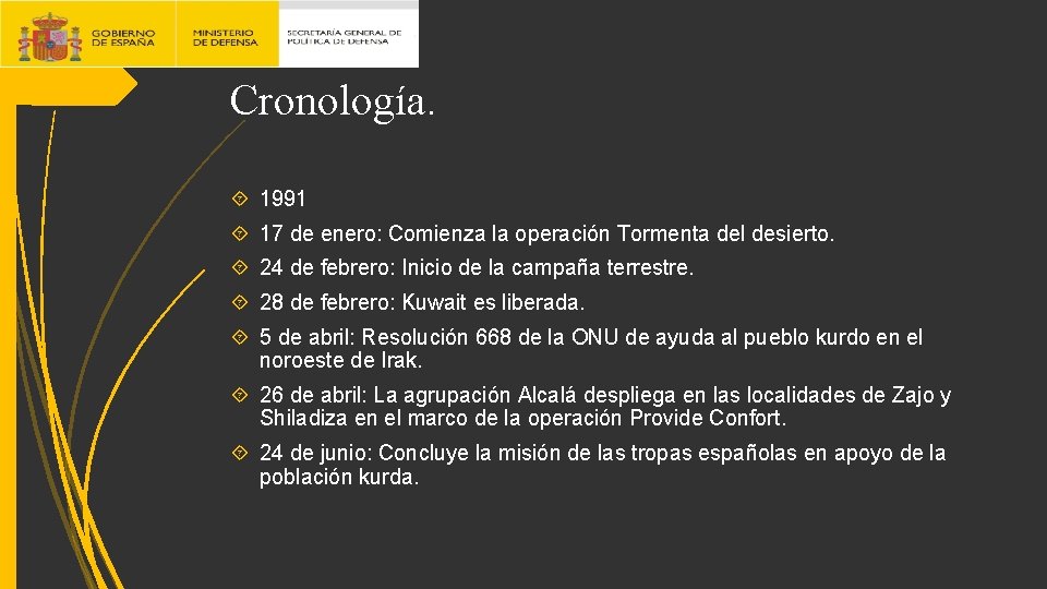 Cronología. 1991 17 de enero: Comienza la operación Tormenta del desierto. 24 de febrero: