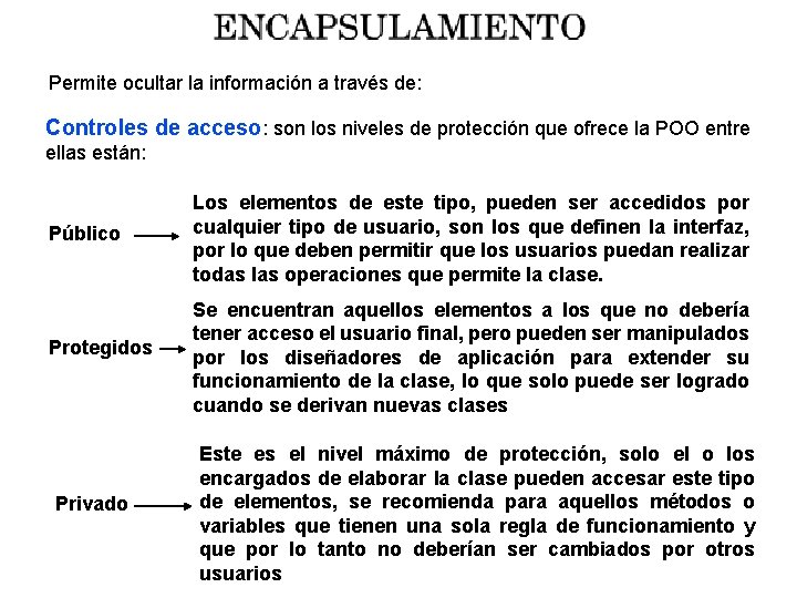 Permite ocultar la información a través de: Controles de acceso: son los niveles de