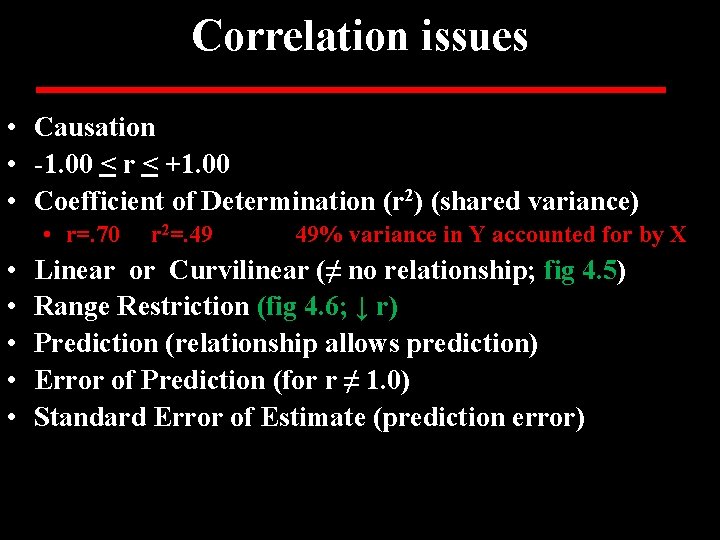 Correlation issues • Causation • -1. 00 < r < +1. 00 • Coefficient