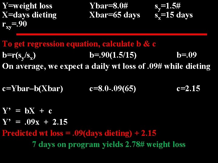 Y=weight loss X=days dieting rxy=. 90 Ybar=8. 0# Xbar=65 days sy=1. 5# sx=15 days