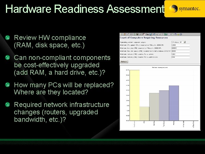 Hardware Readiness Assessment Review HW compliance (RAM, disk space, etc. ) Can non-compliant components