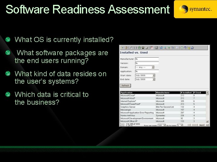 Software Readiness Assessment What OS is currently installed? What software packages are the end