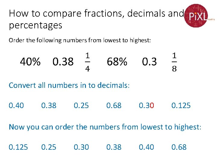 How to compare fractions, decimals and percentages Order the following numbers from lowest to