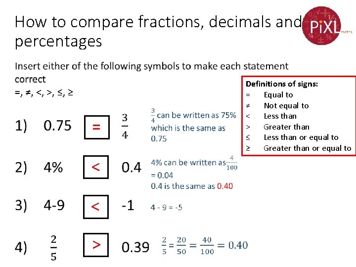 How to compare fractions, decimals and percentages Definitions of signs: = Equal to ≠