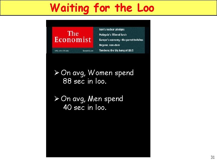 Waiting for the Loo Ø On avg, Women spend 88 sec in loo. Ø
