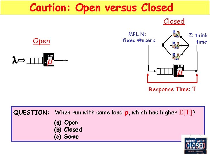 Caution: Open versus Closed MPL N: fixed #users Open Z: think time l Response