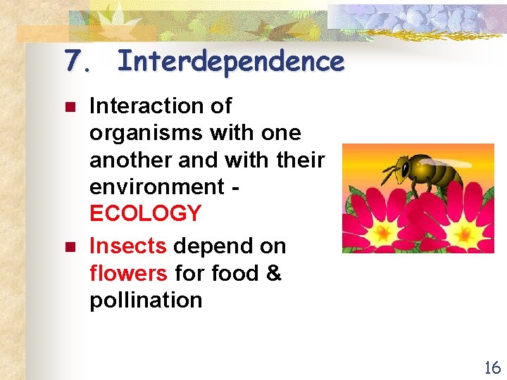 7. Interdependence n n Interaction of organisms with one another and with their environment